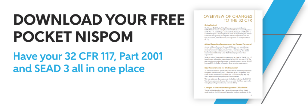 A blue and white graphic advertising a free download of the pocket NISPOM