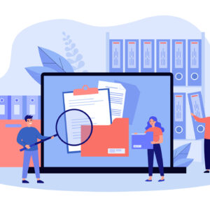 People taking documents from shelves, using magnifying glass and searching files in electronic database. Vector illustration for archive, information storage concept