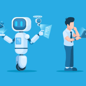 An illustration on a blue background of a robot and a person back to back. The robot is holding high tech tablets and the person is holding a computer.