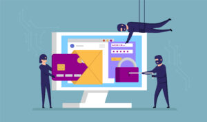 illustration of three people in burglar outfits stealing information off a giant computer monitor