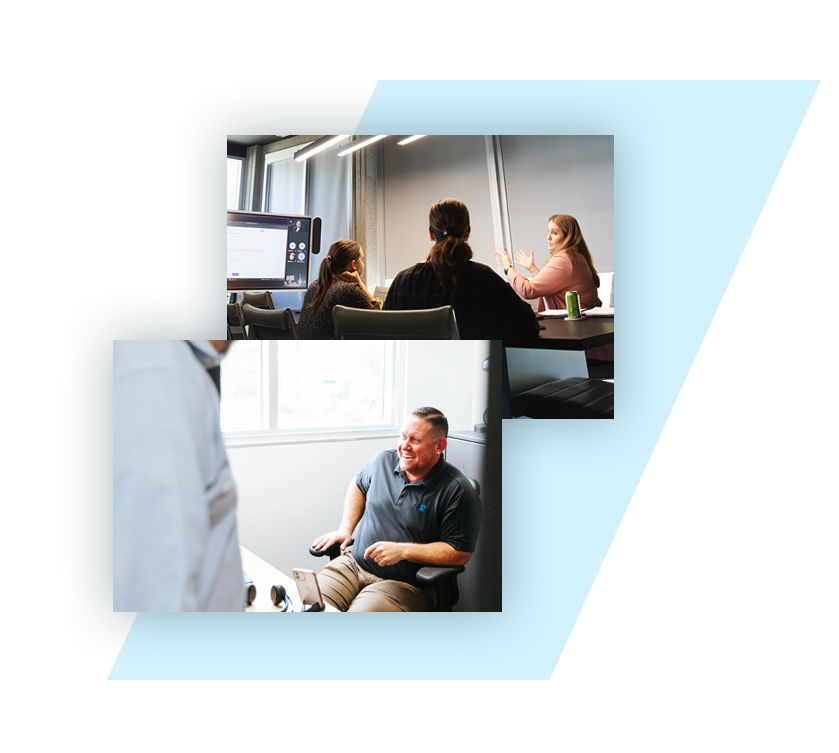 Two photos, one of three women in a conference room holding a meeting and the other of a man sitting in an office chair and laughing