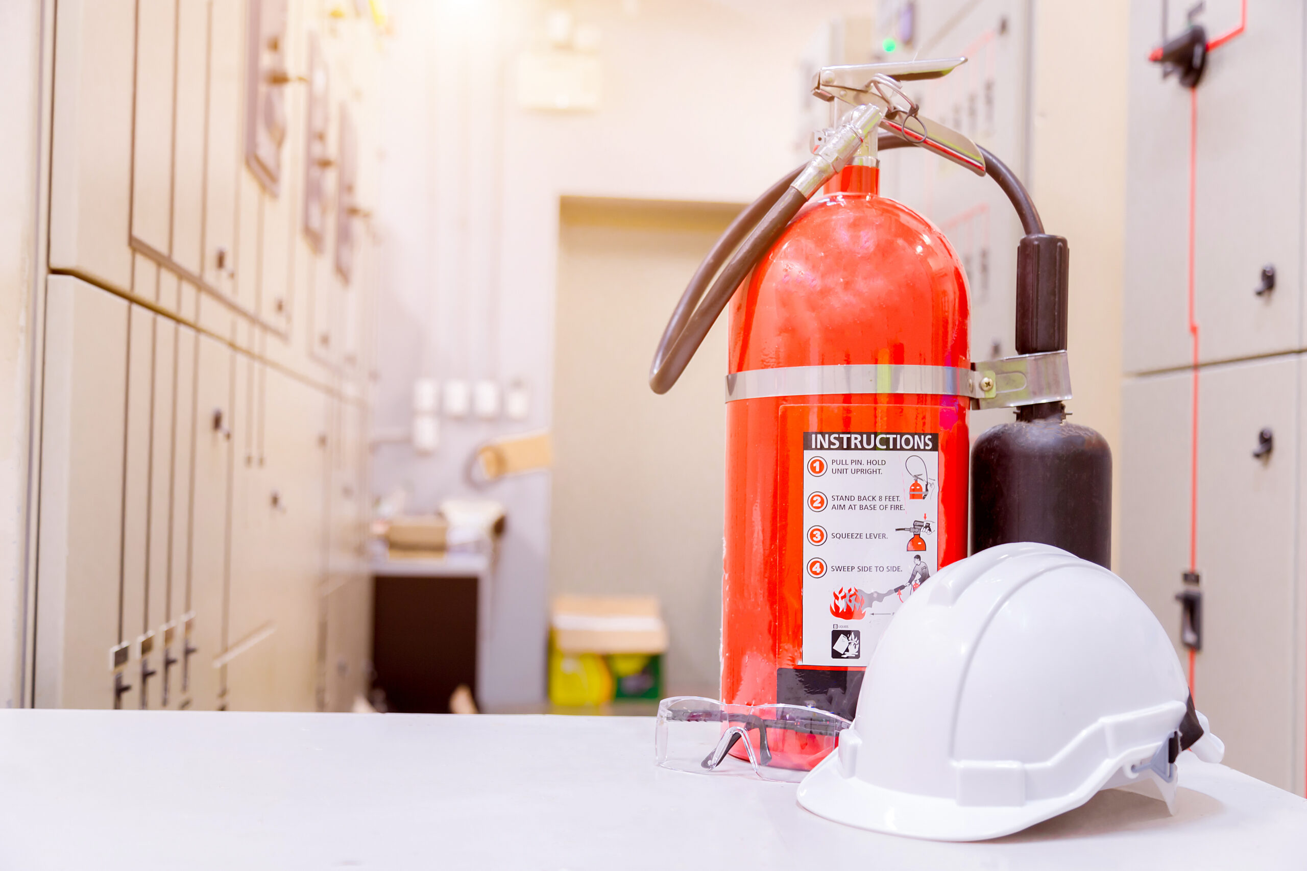 A fire extinguisher and hard hat sitting on a table