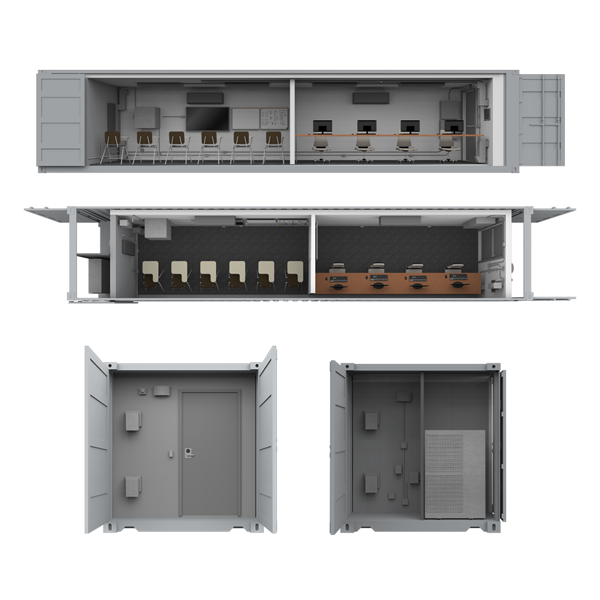 A rendering of a 40-foot container SCIF in a Box being used as both workstations and a conference room