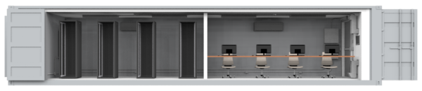 Inside of a 40 foot container SCIF split into workstations and a server room