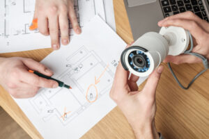 Top-down view of two sets of hands on a desk, one reviewing architecture plans and the other holding a security camera